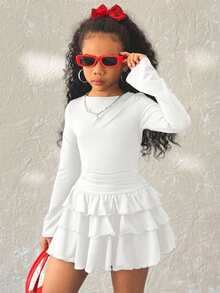 Coolane Kids Tween Giels Elegant Solid Color Ruffle Hem Black Long Sleeve Dress,Fall & Winter Dresses For Girls - White - View 3