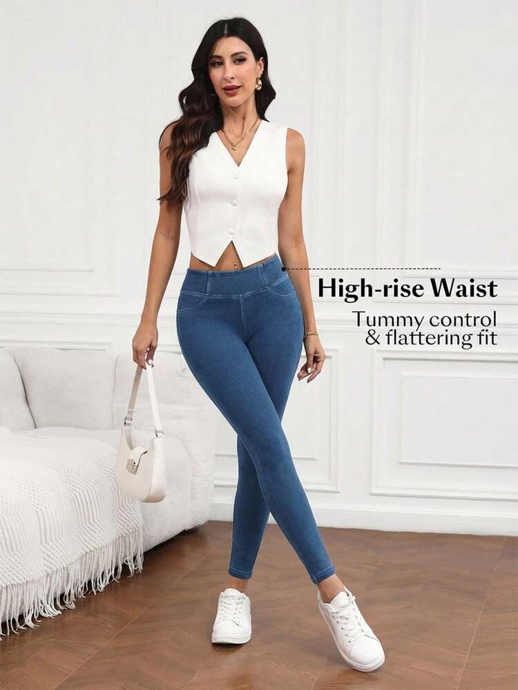 Flexra Women's Solid Color Minimalist Everyday High Stretch Jeans Jeggings For Women Stretchy Jeans Tummy Control Jeans Women Jeans High Waist - Blue - View 3