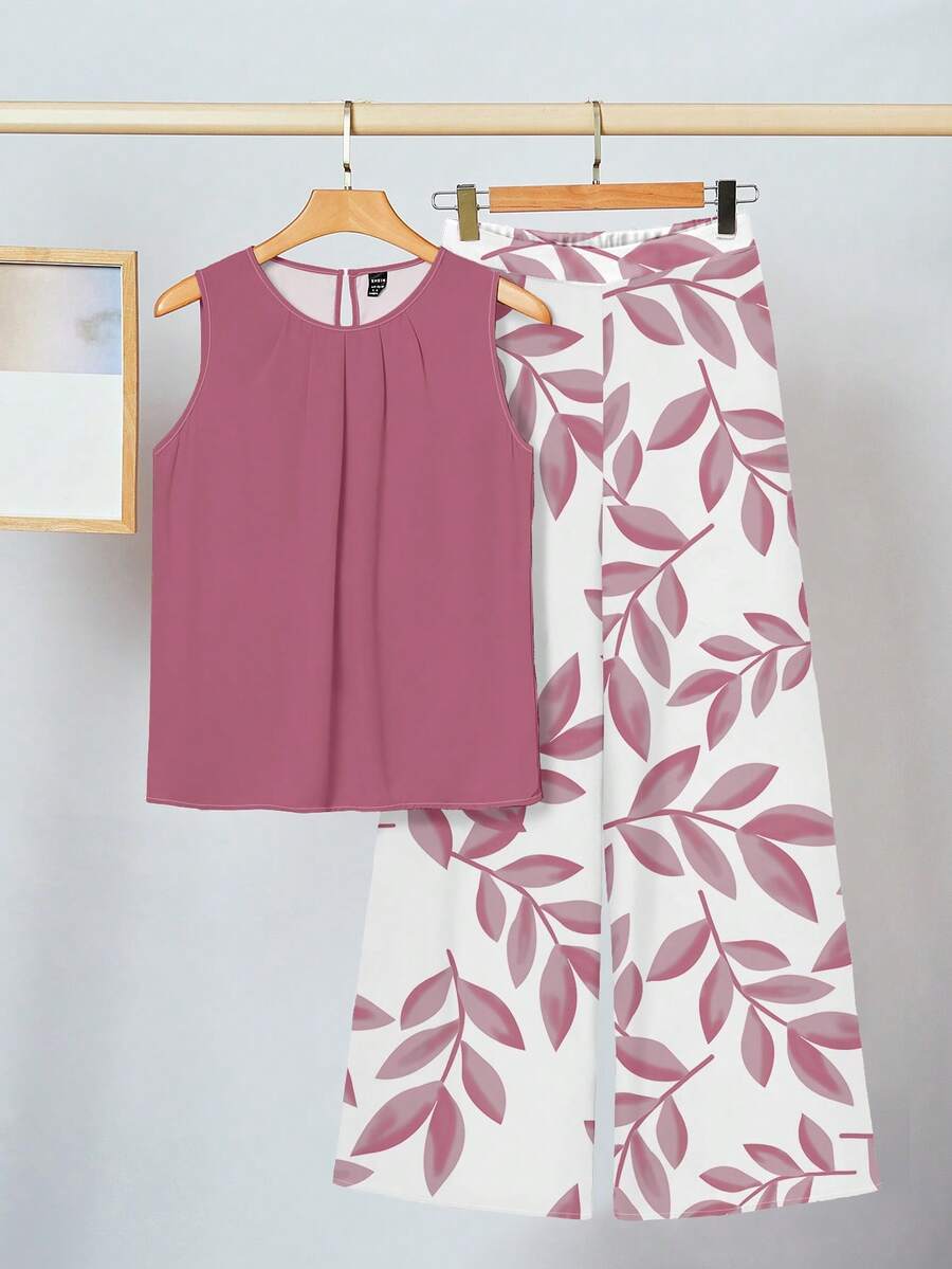 SHEIN Clasi 两件套女士休闲碎花套装，适合夏季穿着 - 粉色 - 查看 1