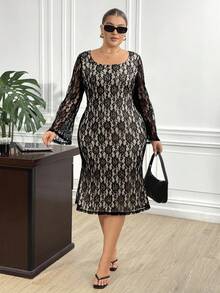 Truni Fall Clothes For Women,WinterPlus Size Round Neck Raglan Flare Sleeve Fitted Lace Dress/Autumn /Winter - Black - View 5