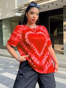 SHEIN EZwear 大码女式圆领落肩短袖休闲宽松扎染爱心T恤 - 亮橙色 - 查看 5