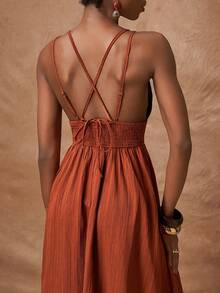 Zivah Vestido feminino de cor sólida com textura, costas abertas, babados na barra e cintura marcada. Ideal para férias, festas, casamentos, estilo boho, deslocamentos diários e brunch. - Ferrugem Marrom - Ver 2