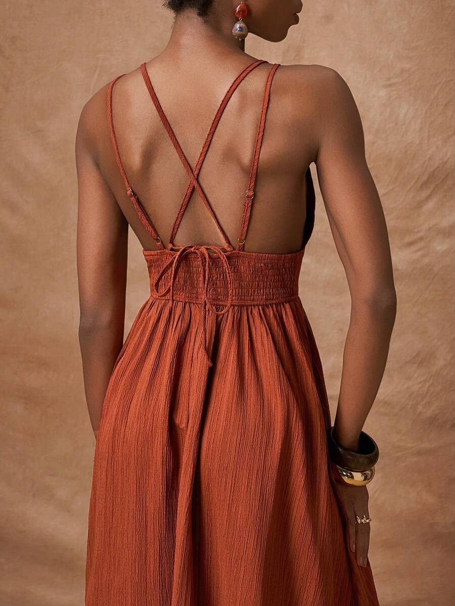 Zivah Vestido feminino de cor sólida com textura, costas abertas, babados na barra e cintura marcada. Ideal para férias, festas, casamentos, estilo boho, deslocamentos diários e brunch.