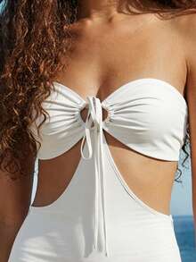 CAJUNI 女士花卉刺绣前系带腰部镂空性感抹胸阔腿连体裤 - 杏色 - 查看 5