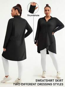 Easithlete Plus Size Casual Long Zip-Up Jacket - Black - View 3