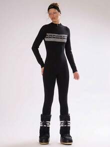 MUSERA Argyle Stripe Fitted Long Sleeve Knitted Sweater Jumpsuit Catsuit Autumn Fall Winter Ski Vacation  Lounge Holidays New Year Thanksgiving - Black - View 5