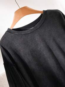 CosyJoli Women's Plus Size Knitted Round Neck Washed Black Drop Shoulder Long Sleeve Regular T-Shirt - Black - View 5