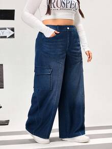Flexra 大码女式高街运动针织牛仔工装口袋阔腿直筒裤 - 深色水洗藍 - 查看 5