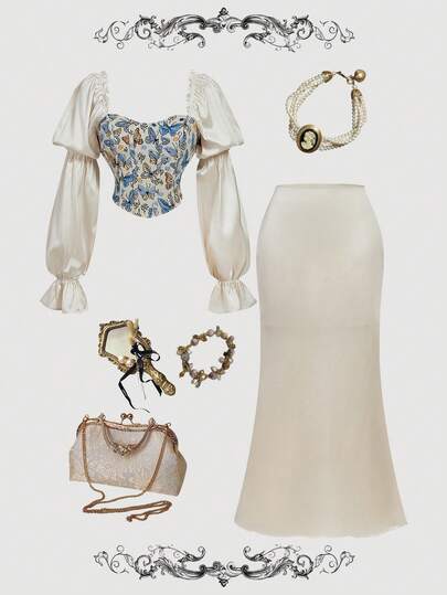 SHEIN MOD Women's Elegant Commuter Butterfly Jacquard Patchwork Shirt And Fishtail Skirt 2 Pieces Set, Fall/Winter,New Year,Elegant ,New Year Look,Christmas,Tea Party,Garden Party,Brunch Outfits For Women,Holiday Party Dress,Coquette,Vintage,Retro,Corset Shirt With Mermaid Skirt Set,Fairycore,Elegant,Satin,Victorian Outfit,Women's Country Clothing,Fairycore,