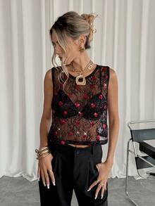 Siren Gaze Women's Sequin Heart Lace Round Neck Loose Fashion Camisole See Through Top Sequin Top Lacey Top Sheer Top - Black - View 4