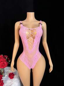 ChaseTheNight Plus Size Women's Sexy Hollow Out Mesh Sleeveless Bodysuit - Pink - View 5