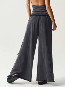 Bohemela Women's Casual Solid Color Knit Loose Wide-Leg Washed Pants - Grey - View 7