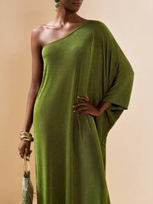 Zivah New Elegant High Slit Robe, One Shoulder Sleeve, Military Green Beach Cover Up, Suitable For Vacation, Beach, Pool Party - Army Green - View 5