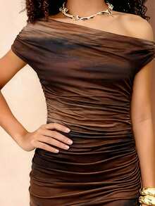 Travachic KIDS Tween Girl Tie-Dye Print Ruched Asymmetric Shoulder Fitted Casual Dress Valentine's Day  Vacation - Brown - View 4