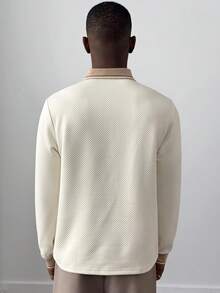 HUEFORM 男士 Ole Money 长袖纹理面料撞色 Polo 衫，适合外出和通勤穿着，杏色针织 Polo 衫，纽扣款 - 杏色 - 查看 2