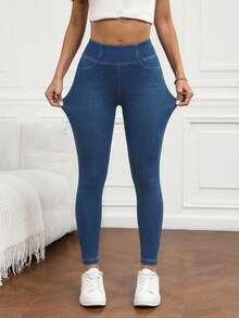 Flexra Quần jeans nữ màu trơn tối giản, co giãn tốt, thích hợp mặc hàng ngày. - Màu xanh lam - Xem 4