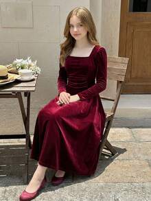 SHEIN Serisse Kids 女童纯红色大蝴蝶结腰部 A 字短款长袖连衣裙，优雅复古，适合派对、圣诞节、新年派对、秋冬 - 紅色 - 查看 10