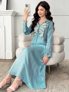 SHEIN Teen Girl Iridescent Sequin Butterfly Beaded Embroidered Casual Dress Sequin Butterfly Dress Long Modest Dresses For Girls Teenager Dress Abaya - Blue - View 5