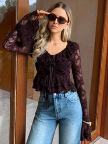 Elyressa Women's Lace V-Neck Ruffle Flare Sleeve Blouse - Brown - View 6