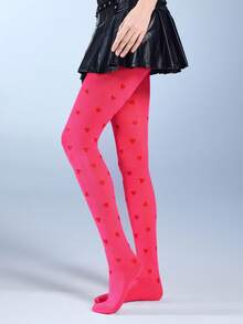 ROMWE Kawaii 1双女士银色爱心图案连裤袜，简约时尚休闲风，四季皆宜，日常穿着 - 玫紅色 - 查看 2