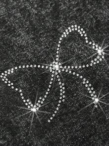 SHEIN Teen Girl All-Match Casual Versatile Butterfly Rhinestone Embellished Straight Leg Stone Wash Elastic Waist Wide Leg Jeans Teen Bow Pants