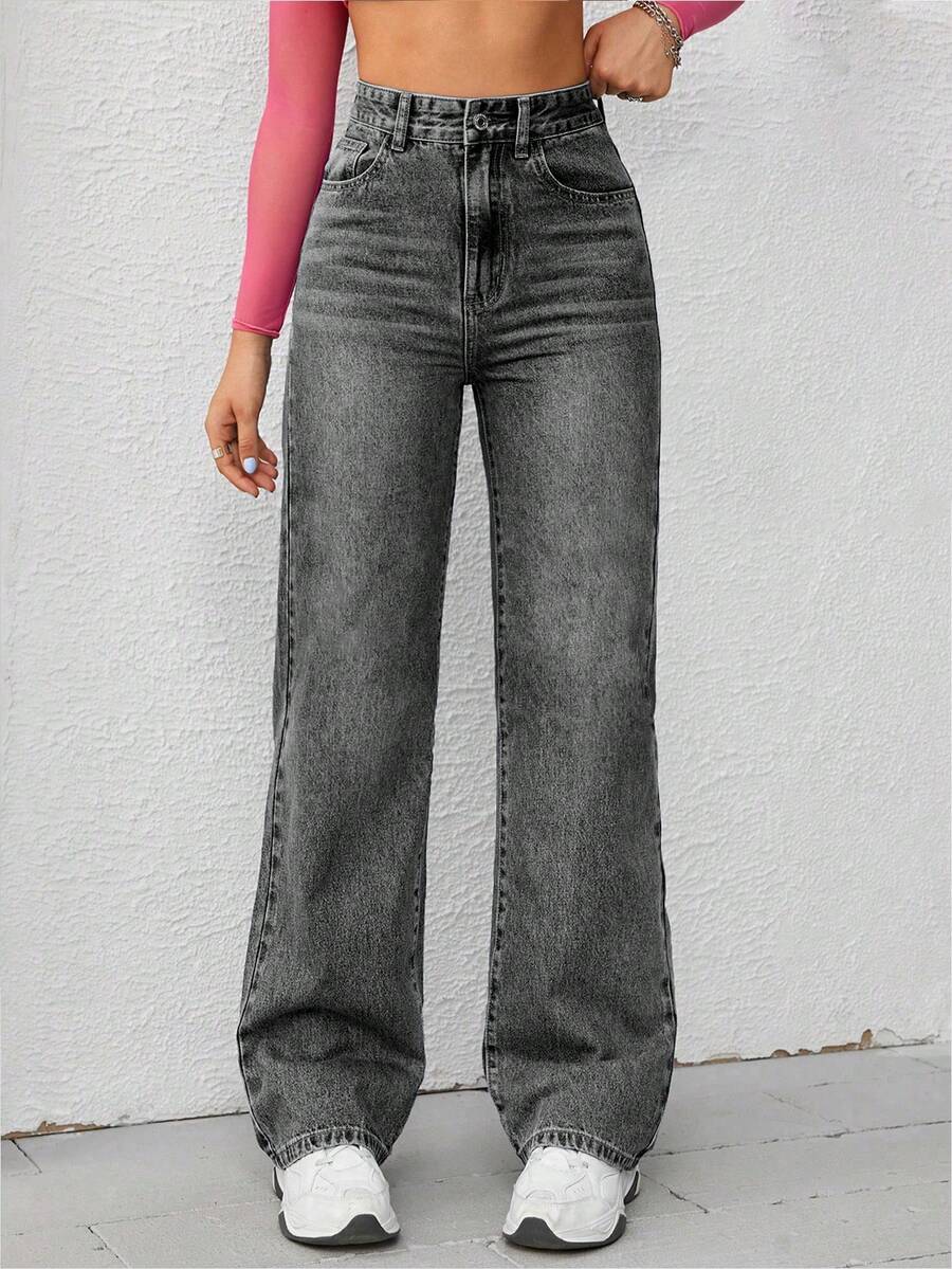 SHEIN EZwear 女士宽松直筒加厚口袋休闲牛仔裤，适合感恩节和圣诞节穿着。 - 灰色 - 查看 1