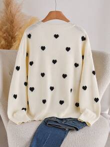 CosyJoli Plus Size Fashion Heart Pattern Jacquard Drop Shoulder Long Sleeve V-Neck Sweater Thanksgiving/Winter - Black - View 2