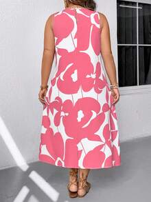 EMERY ROSE Plus Size Colorblock Print Round Neck Sleeveless Dress - Pink - View 2