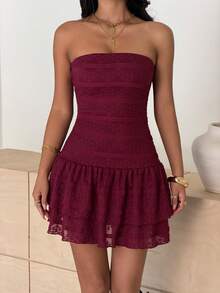 SHEIN MOOSTA Vestido mini bandeau de unicolor sexy y de moda para mujer - Burdeos - Ver 5