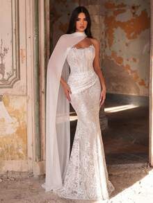 Glamrae 优雅奢华弹力蕾丝褶皱性感无肩带美人鱼婚纱，带可拆卸拖尾，适合婚礼、单身派对、度假、舞会、蜜月等场合。