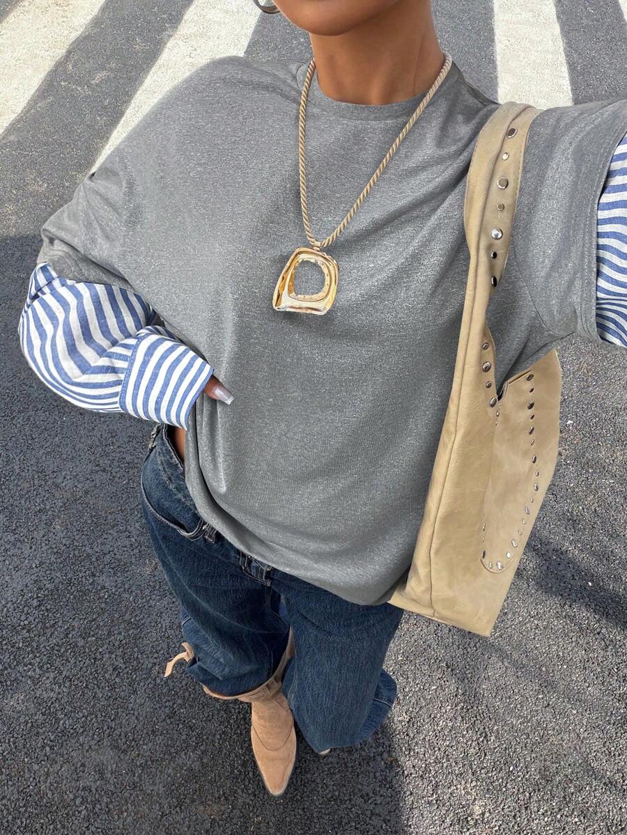 Muchica 女士新款灰色拼接蓝色条纹圆领宽松长袖T恤，春夏款 - 灰色 - 查看 1