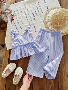 SHEIN LMoss Kids Babygirl Summer Cute Pink Striped Camisole Top And Elastic Waist Pants Set - Blue - View 5