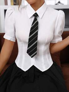 SHEIN EZwear Puff Sleeve Button Front Shirt & Necktie,Short Sleeve Tops - White - View 1
