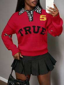 Slaydiva Áo len nữ tay dài cổ polo họa tiết chữ cái và họa tiết da báo, kiểu dáng thường ngày, phong cách đường phố, phù hợp cho mùa thu đông 2025, thích hợp cho đi học, dự tiệc, Halloween, Giáng sinh, đi chơi, sinh nhật, ăn trưa, tiệc tùng, mặc hàng ngày, đi club, phong cách gợi cảm. - Đỏ - Xem 6