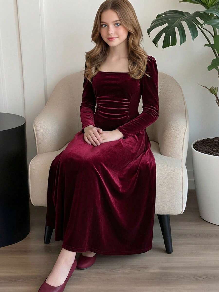 SHEIN Serisse Kids 女童纯红色大蝴蝶结腰部 A 字短款长袖连衣裙，优雅复古，适合派对、圣诞节、新年派对、秋冬 - 紅色 - 查看 1