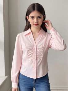 SHEIN قميص بأكمام طويلة مطوي الياقة مناسب للفتيات المراهقات، بأسلوب كاجوال وأنيق، مزين بأزرار أمامية، مناسب للعودة إلى المدرسة والمنزل والخروجات والحفلات وأكثر - وردي فاتح - مشاهدة 4