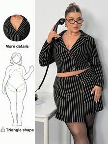 Truni 大码条纹印花双排扣长袖上衣和半裙两件套/秋冬 - 黑色 - 查看 1