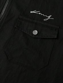 PAVTROS Men's Letter Print Turndown Collar Zip-Up Casual Commuter Short Sleeve Shirt - Black - View 3