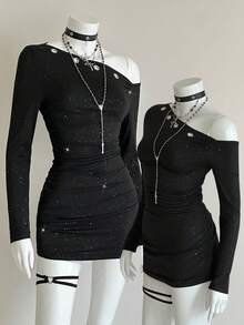 EgrlEra Vestido mini asimétrico con ojales de metal de moda para fiesta - Negro - Ver 1