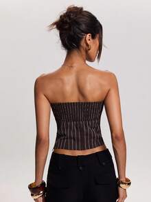 SHEIN BAE 春夏女式休闲度假街头风无肩带条纹叠层下摆开衩抹胸上衣，开衩下摆设计，完美适合休闲外出、日常穿着、休闲装扮和户外活动。Y2K风格上衣，条纹上衣，姐妹街头风。 - 棕色 - 查看 2