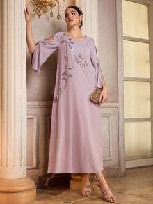 Al Najma Women's Elegant Arabic Style Dress With 3D Floral Decor And Side Slit, 3/4 Sleeve Formal Elegant Party Uxury Evening Dresses Wedding Party Dress - Coral Pink - View 7