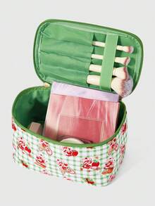 Strawberry Shortcake | ROMWE Bolsa de cosméticos portátil con asa, con diseño de patrón de dibujos animados lindo y acolchado para mujer - Verde - Ver 3