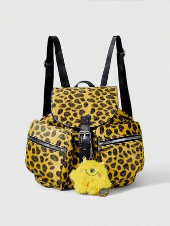 Goth 1pc Y2K Chic Vintage Leopard Print Backpack With Cyclops Doll Decor, Multi-Pocket Large Capacity Casual Daypack For Women, Suitable For Daily, School, Travel, Shopping