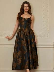 Revavyn 咖啡色提花收腰褶裥连衣裙，金属扣设计，优雅浪漫迷你连衣裙，女士款 - 彩色 - 查看 4