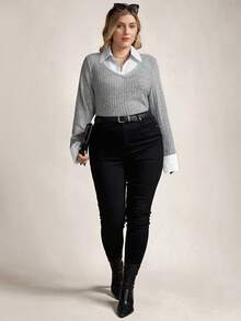Zelara T-shirt à manches longues côtelé 2 en 1 pour femmes grandes tailles, décontracté pour femmes, pour l'hiver, pour femmes, Aïd Al-Adha, vacances de printemps - Gris - Voir 10