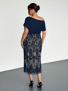 Firerie Đầm midi tay ngắn dáng suông, thoải mái, thanh lịch, kiểu dáng xếp ly bất đối xứng, phối ren, thích hợp cho mùa xuân, thu và đông dành cho nữ, phù hợp cho kỳ nghỉ. - Màu xanh hải quân - Xem 2