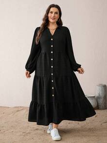 SHEIN Essnce Vestido negro de manga larga con cuello en V, ajustado, de tela texturizada, cómodo y suelto, para uso diario, para mujeres de talla grande, para otoño/invierno, con bolsillos, atuendos de otoño, trajes de iglesia - Negro - Ver 6