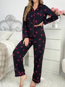 Contrast Trim Collared Button Down Ruffled Heart Sleepwear Pajama Set, Fall Winter Clothes