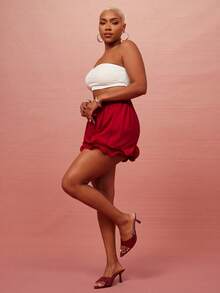 Vixey Red Ruffle Hem Elastic Waistband Chiffon Shorts With Lining - Red - View 3