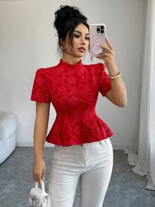 Elenzga 女士立领提花纹理面料束腰喇叭下摆衬衫，饰有蝴蝶结，优雅精致，适合生日、约会、派对、正式场合、情人节、复活节、劳动节、教师节、新年、春季等场合。 - 紅色 - 查看 2